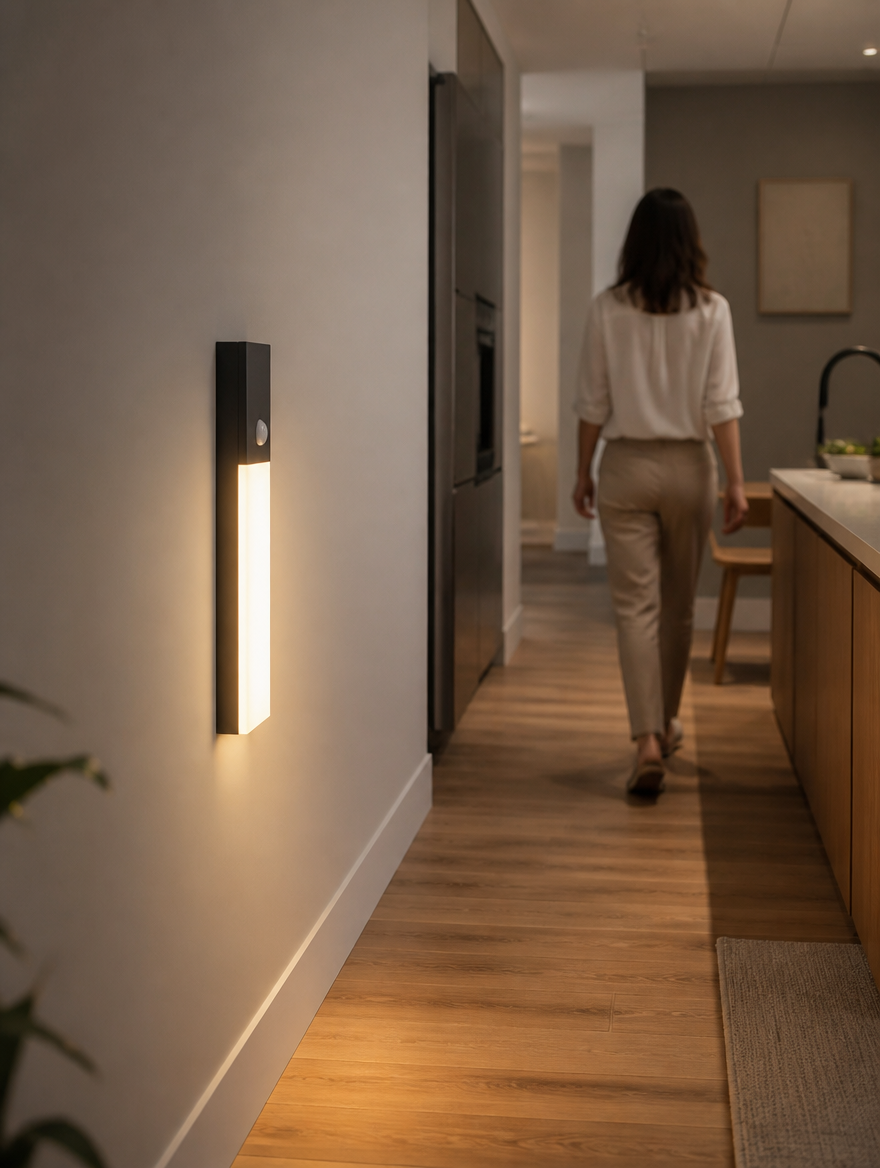 Magnetic rechargeable LED wall light in contemporary kitchen hallway