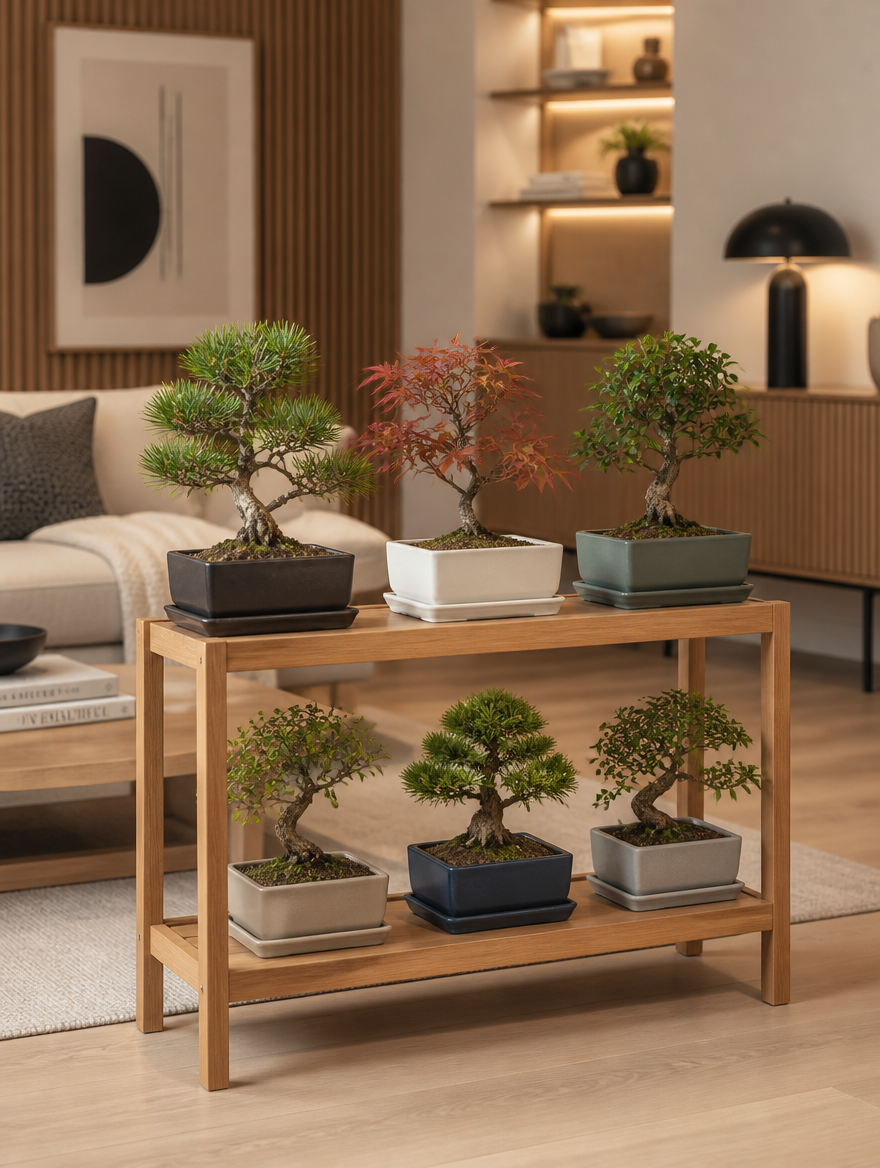 Bonsai planters with drainage trays on Scandinavian plant stand