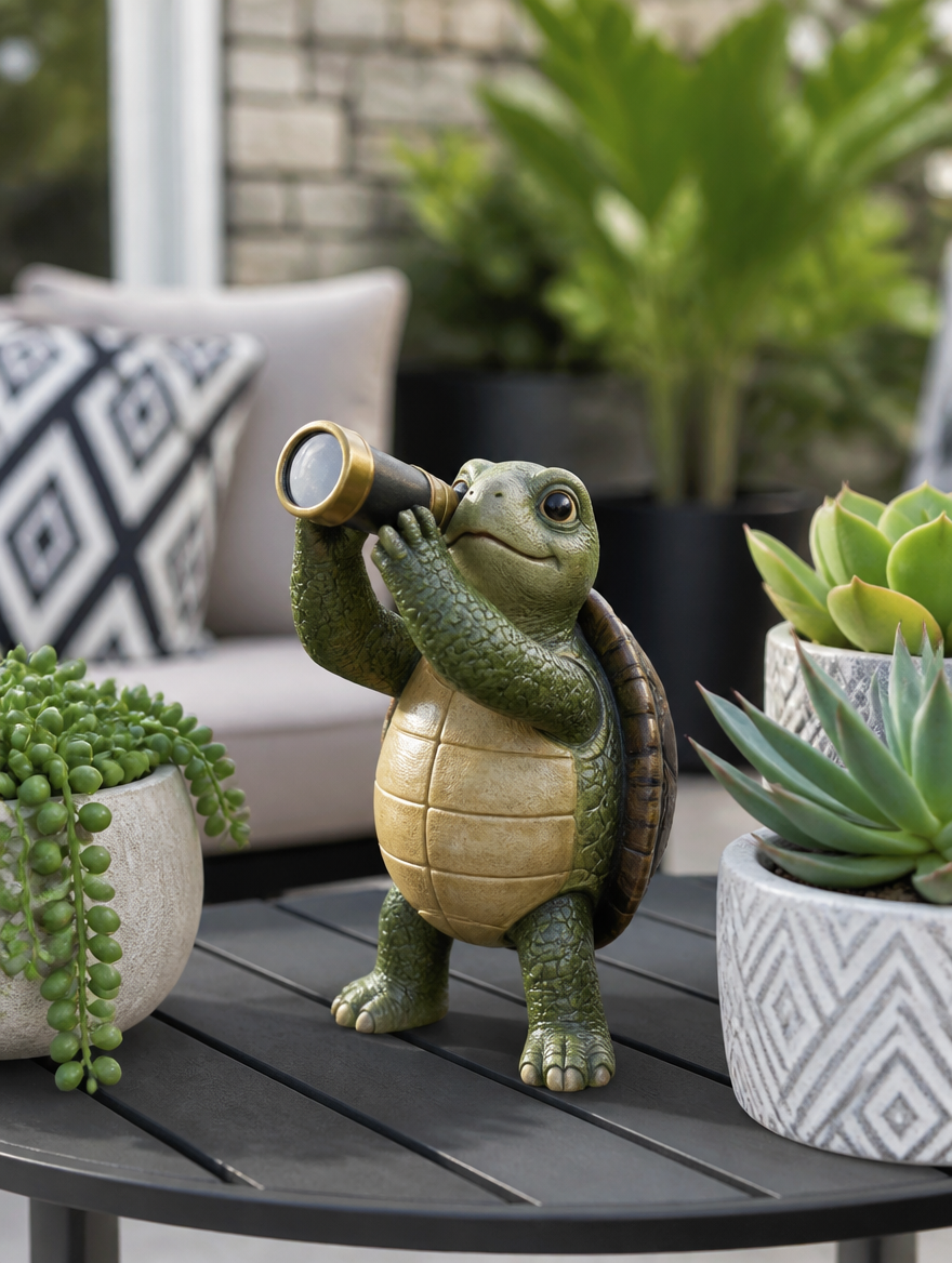 Whimsical turtle garden ornament on modern patio