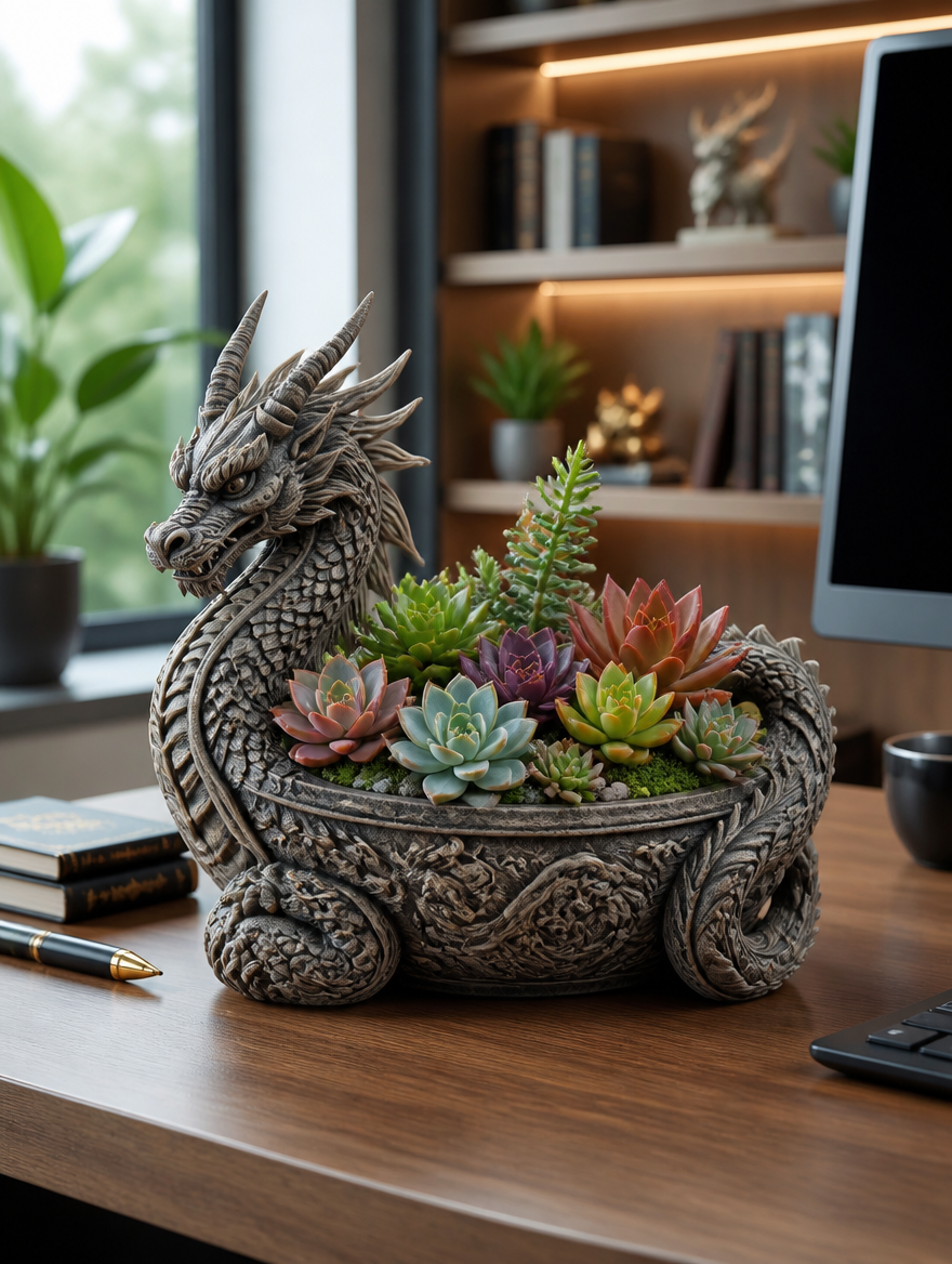 Dragon tree succulent planter on modern desk