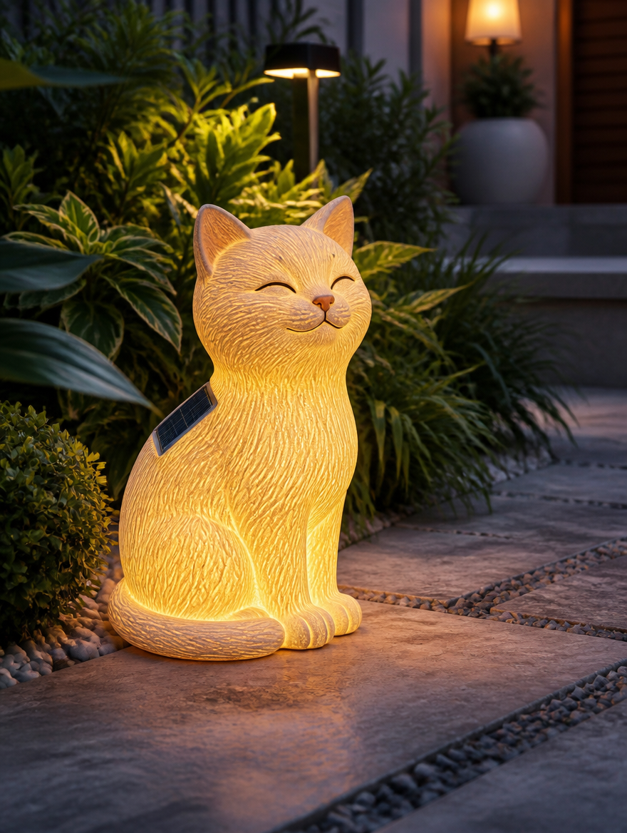 Solar-powered cat statue lamp on garden pathway at dusk