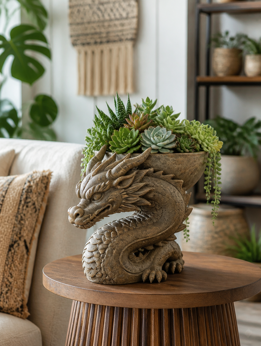 Sculptural dragon tree planter in boho-modern apartment