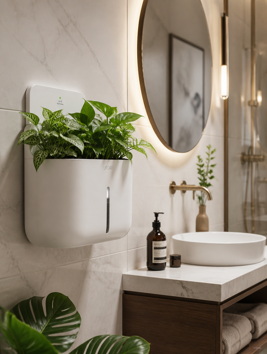 Wall-mounted automatic watering pot in modern bathroom