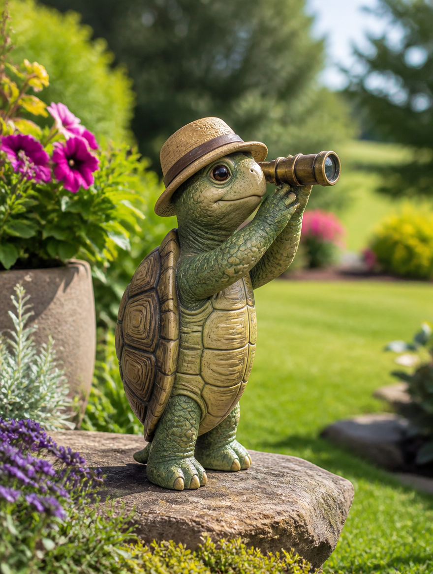 Resin garden turtle with telescope in lush green garden