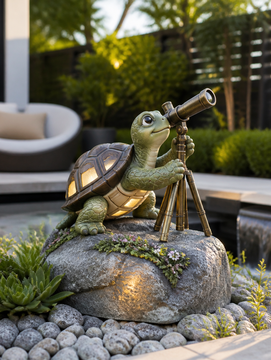 Solar turtle figurine with telescope in contemporary backyard