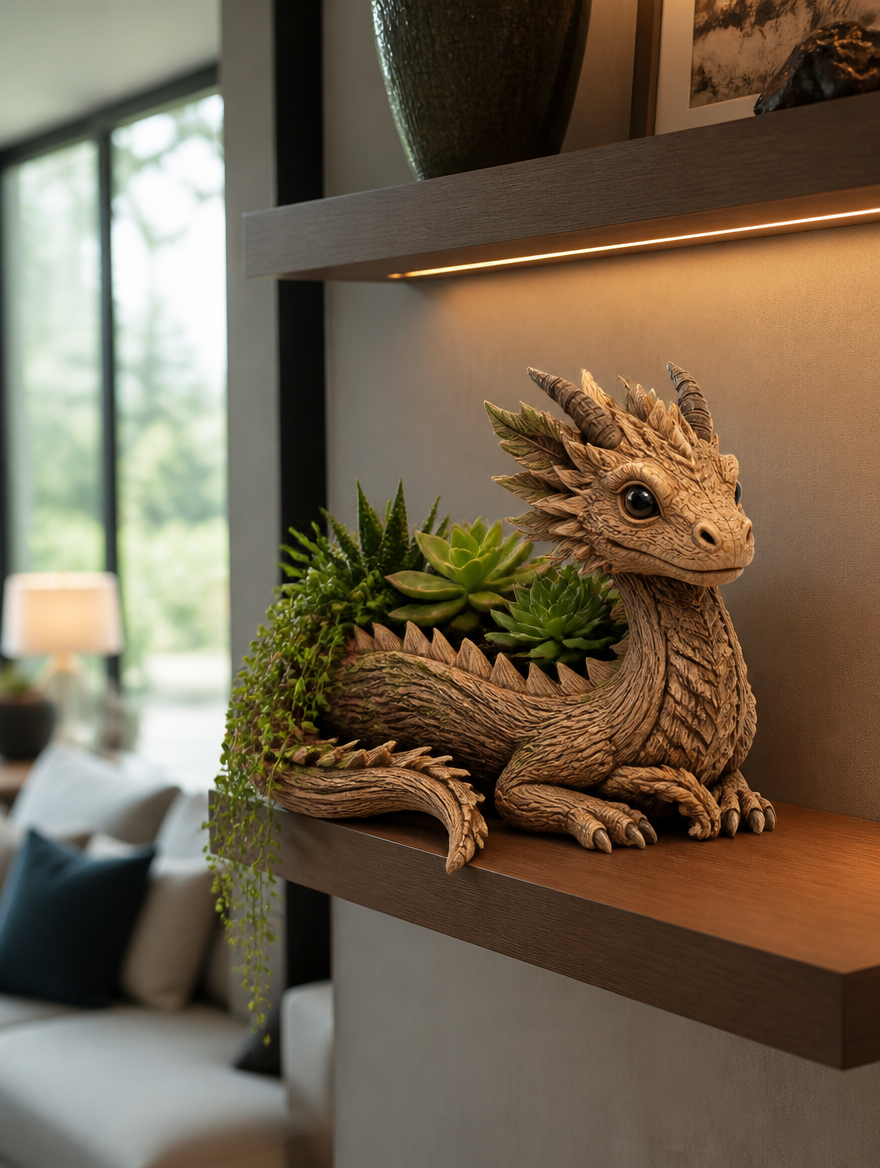 Dragon tree planter with succulents in modern living room