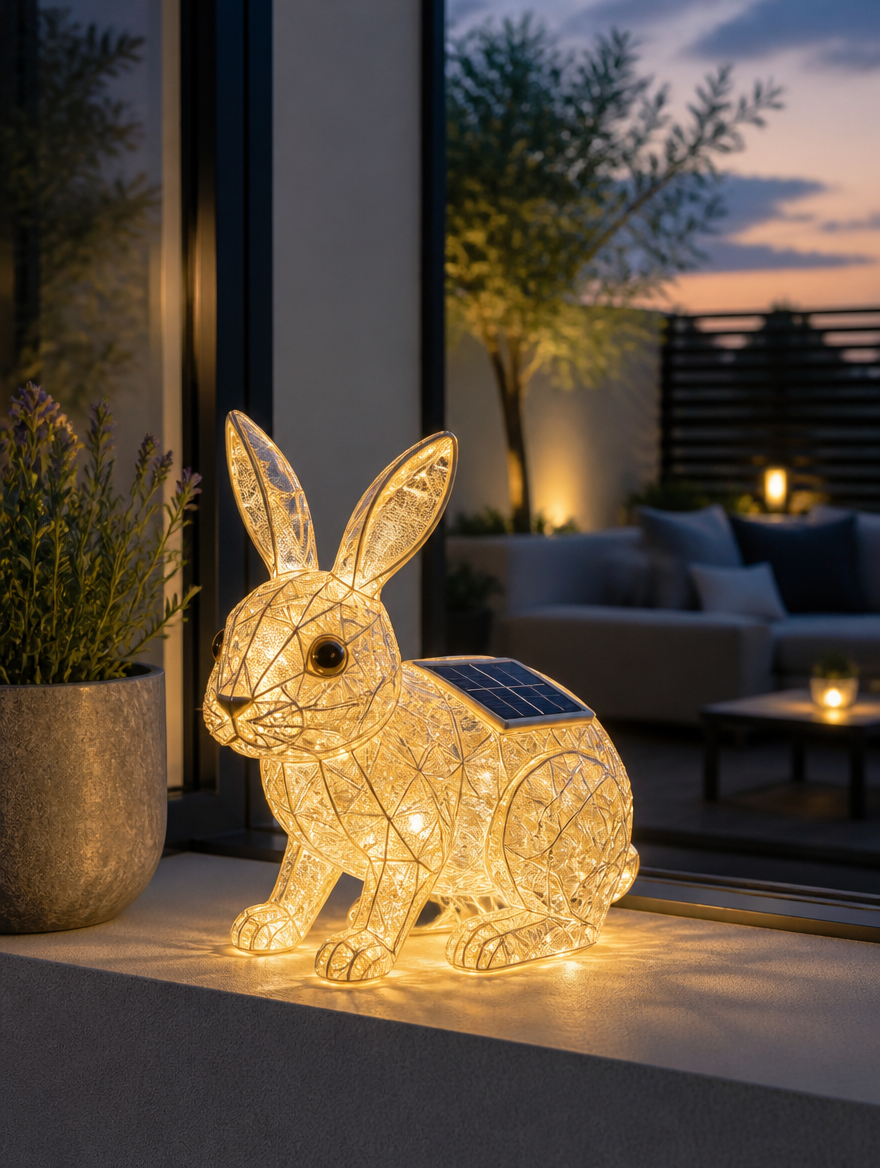 Solar rabbit light on modern patio windowsill at twilight