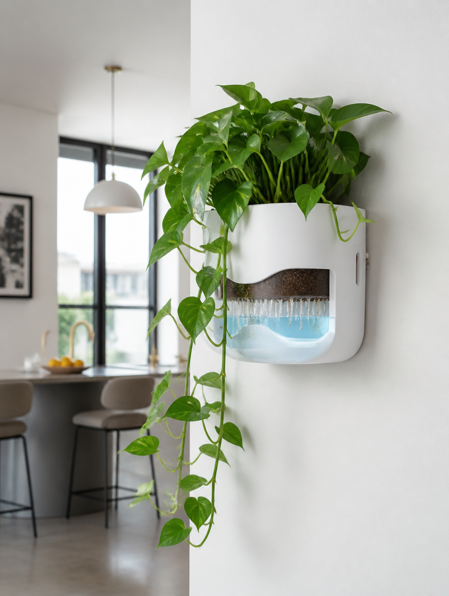 Modernized wall-mounted self-watering planter in contemporary kitchen