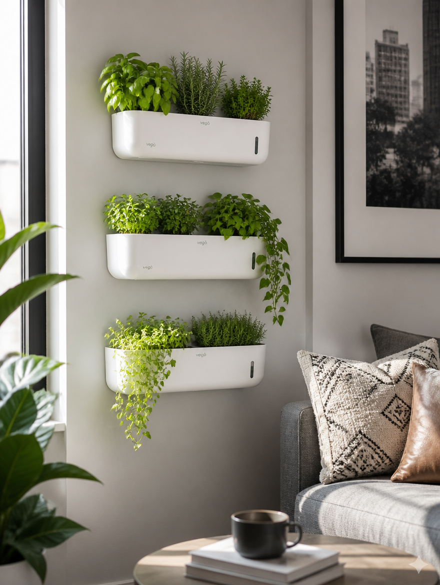 Self-watering planters on modern living room accent wall
