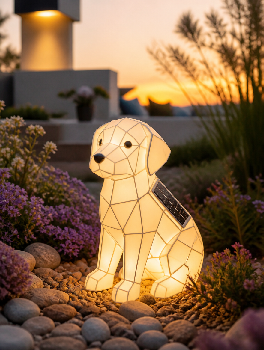 Solar dog lamp in modern garden at sunset