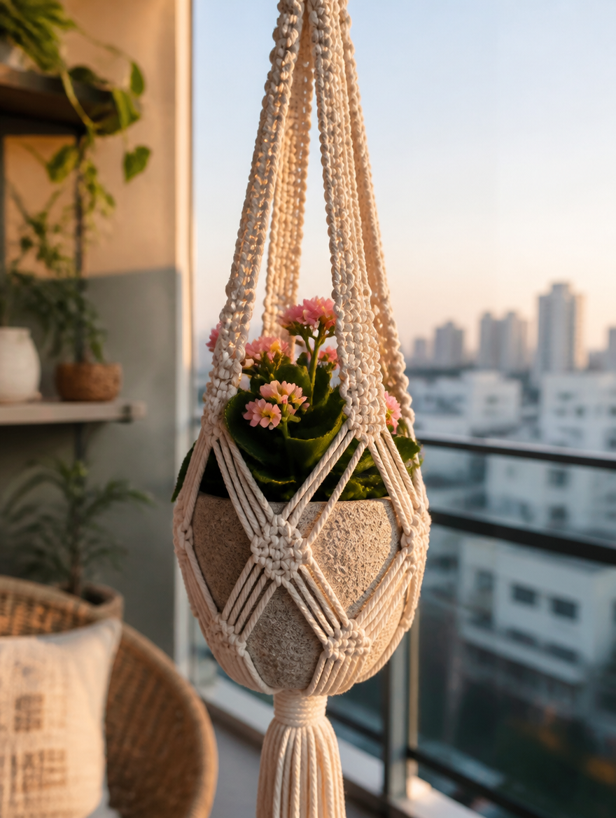 Macrame plant hanger on balcony