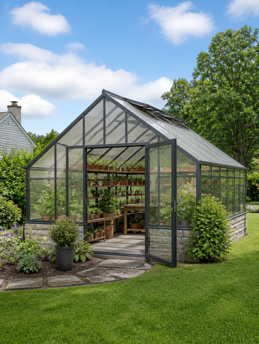 Polycarbonate greenhouse in backyard garden