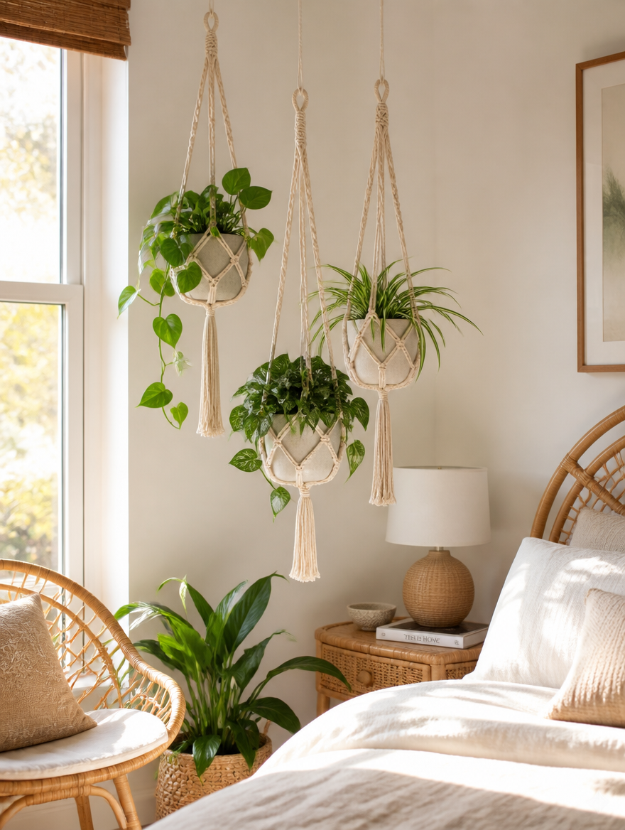 Macrame plant holders in bedroom corner