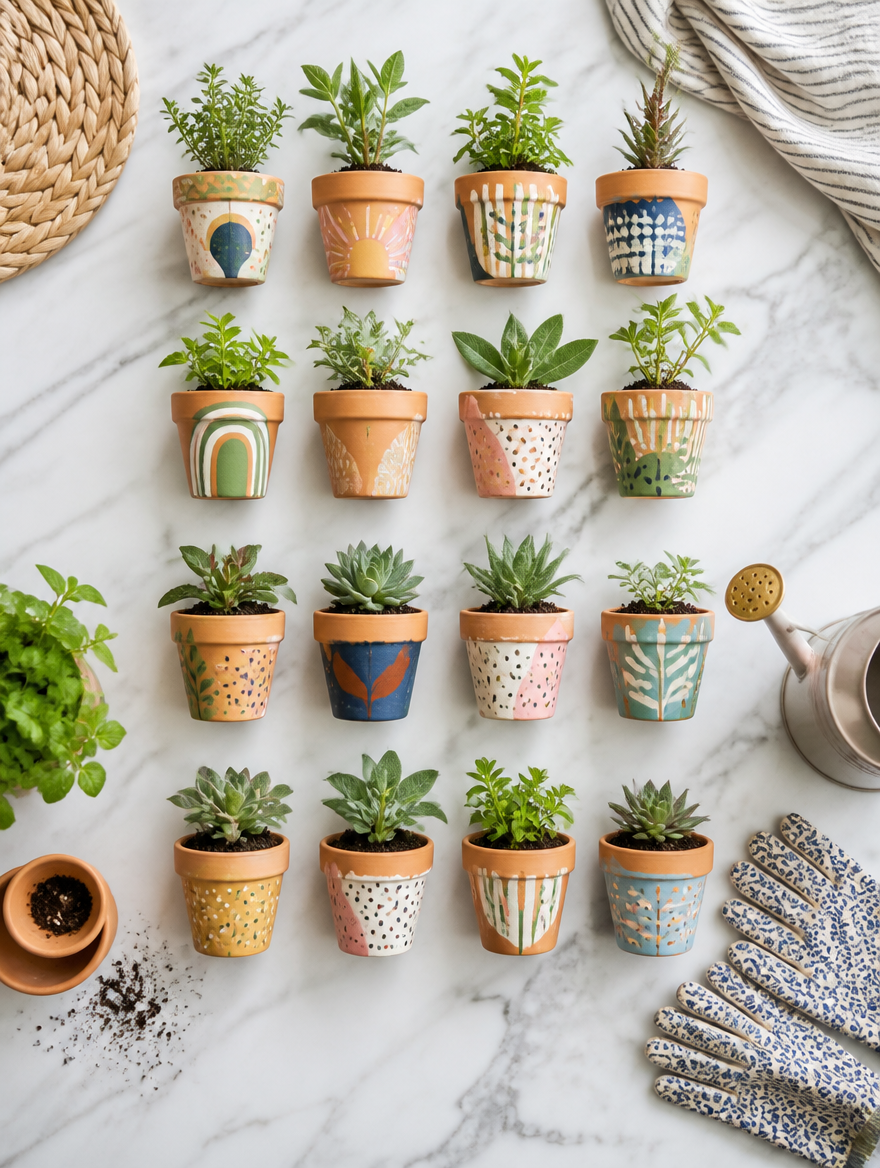 Mini terracotta planters flat lay on marble