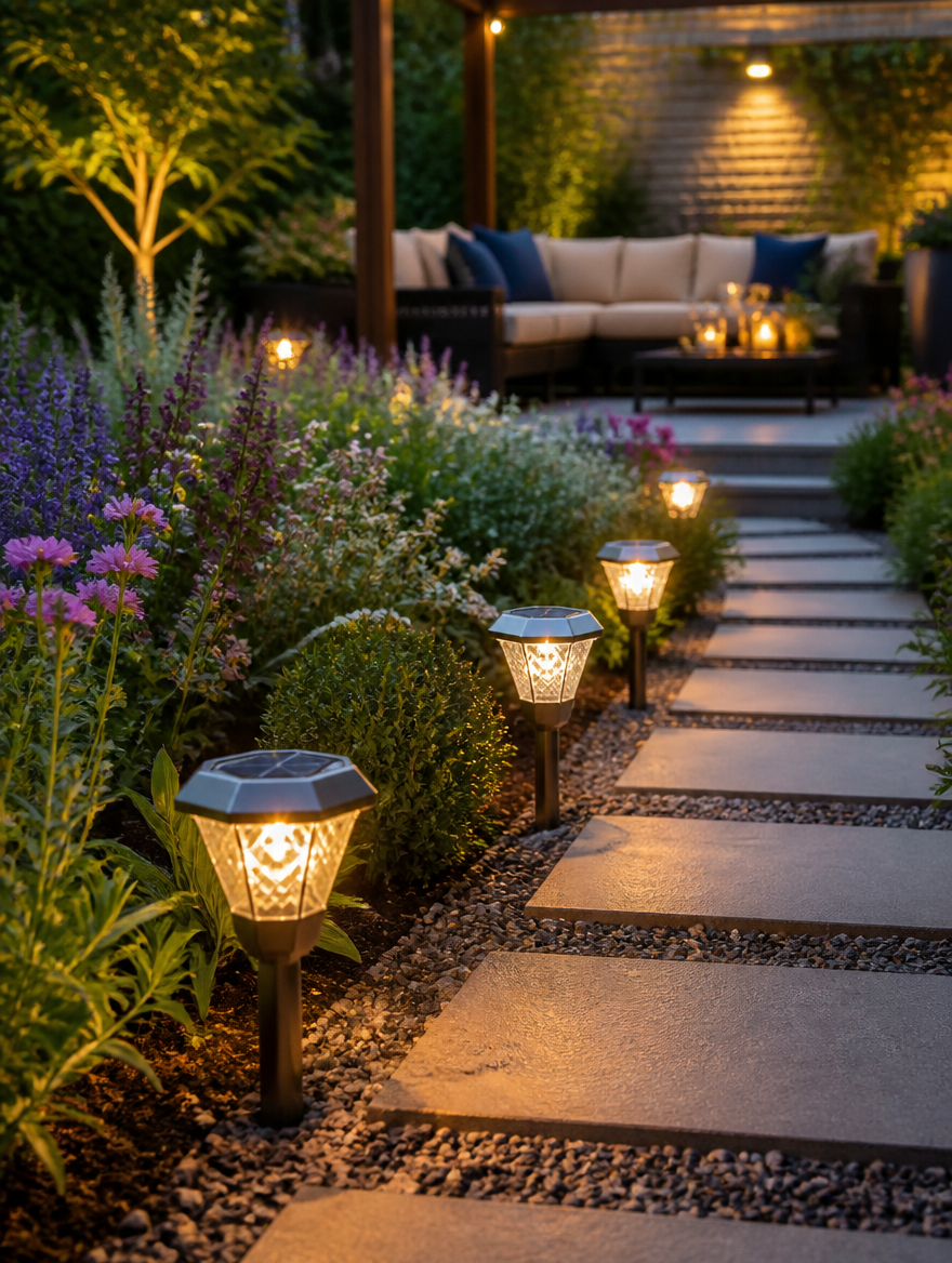 Solar garden light along garden path