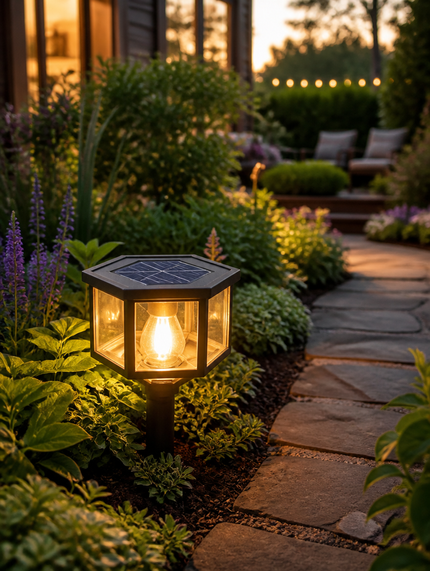 Solar hexagonal garden lamp glowing at dusk