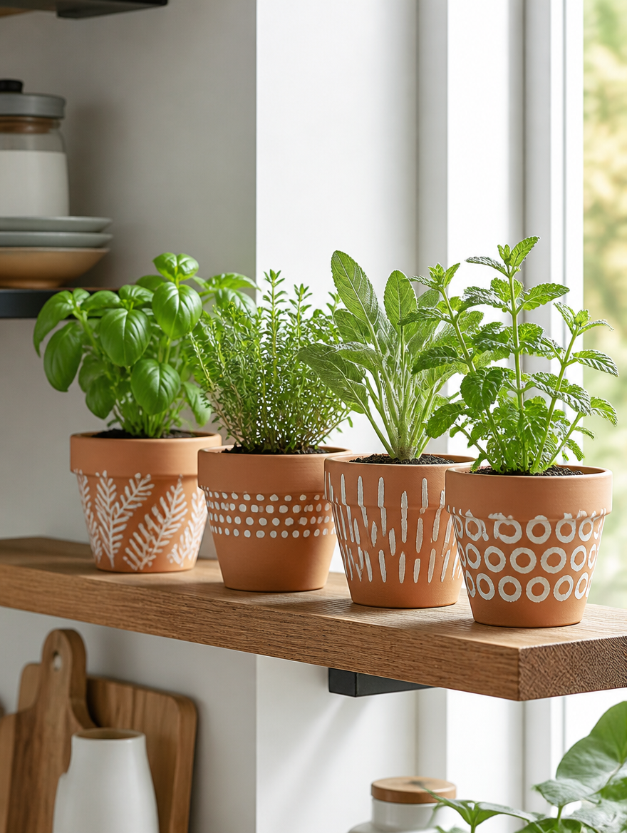 Mini terracotta herb planters on kitchen shelf