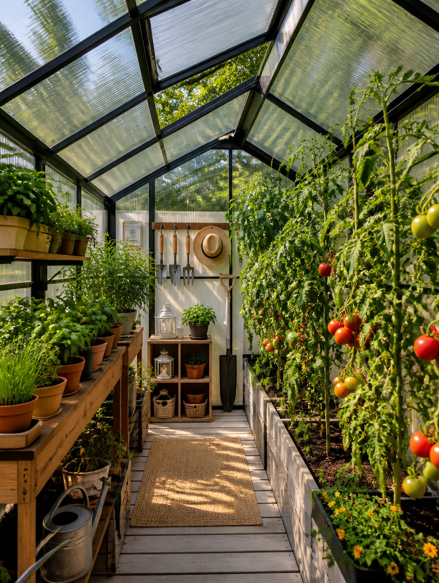 Interior of greenhouse with plants on shelves