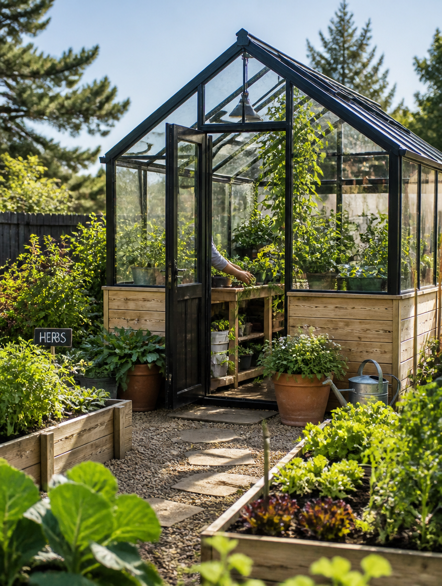 Greenhouse surrounded by vegetable garden