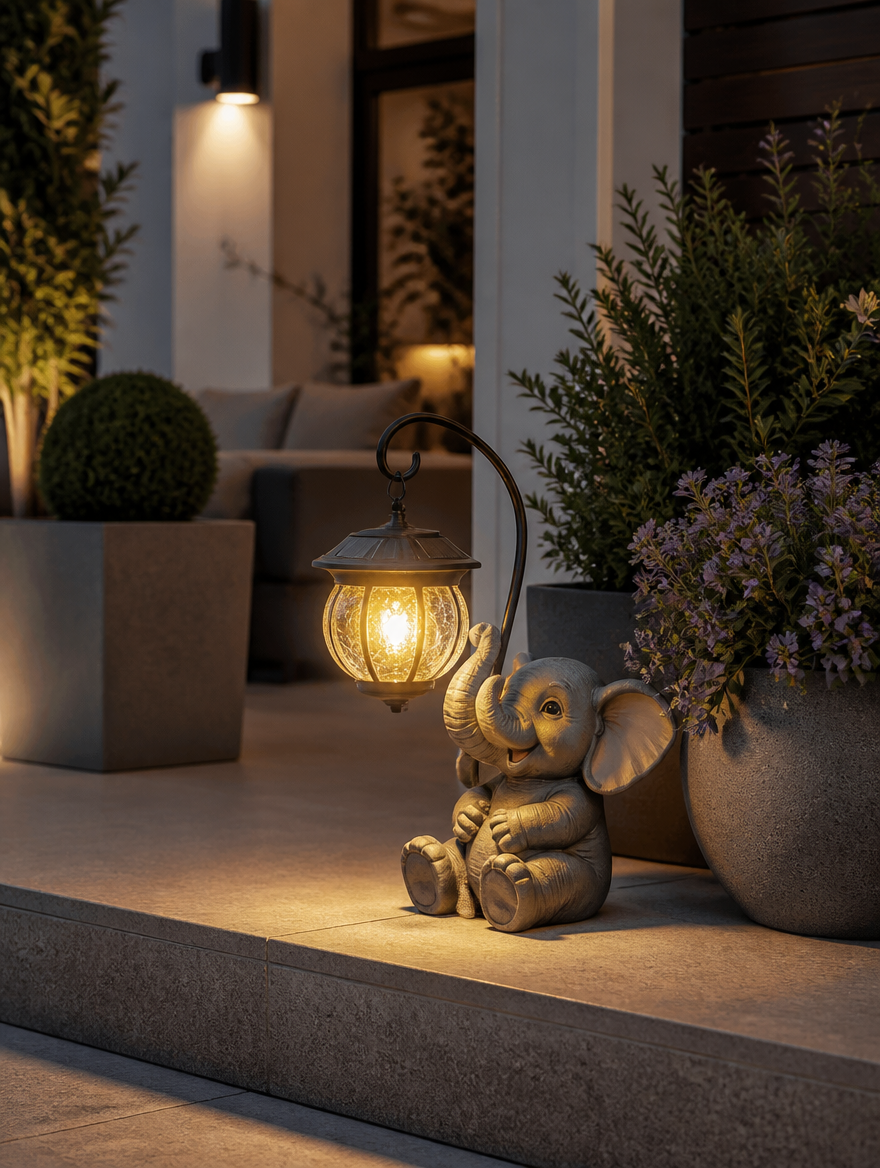 Solar garden figurine lamp on porch
