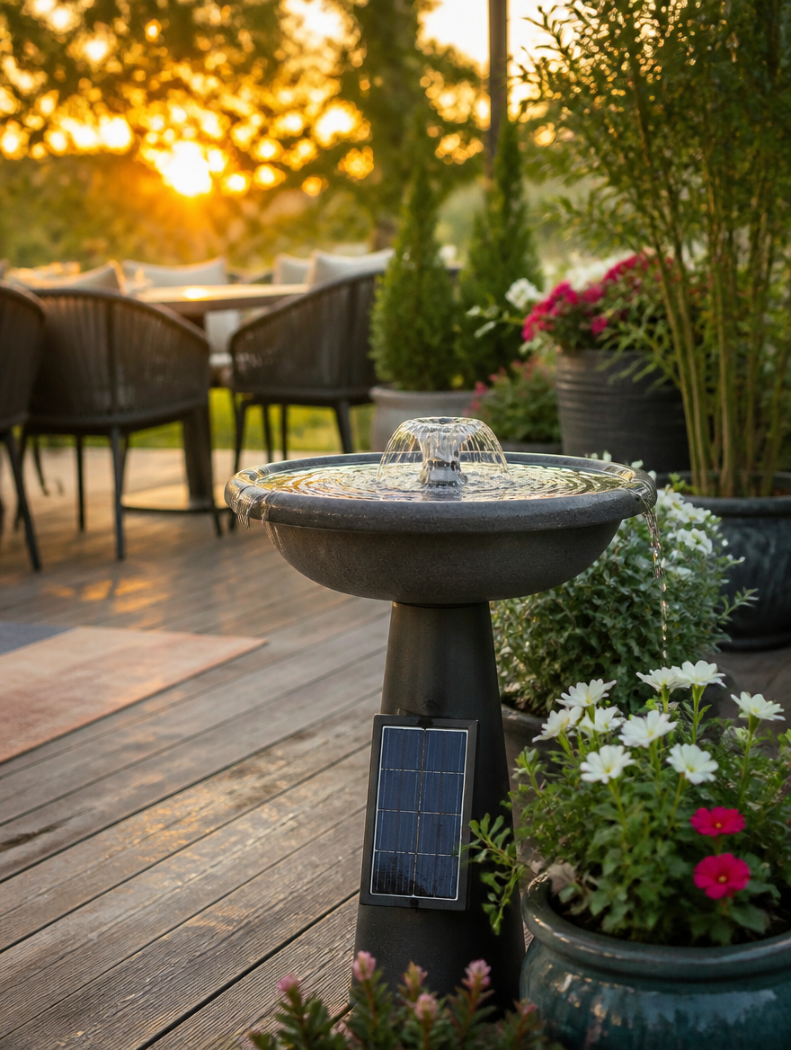 Solar bird bath fountain on wooden deck