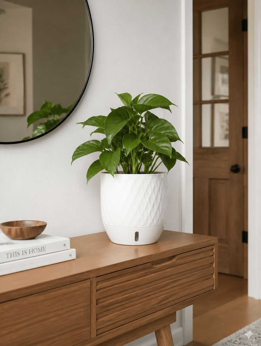 White ceramic planter on console table