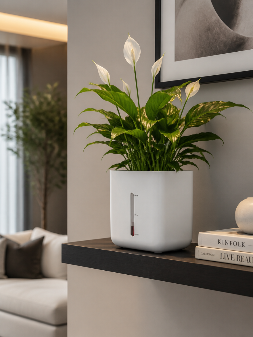 White self-watering planter with level indicator