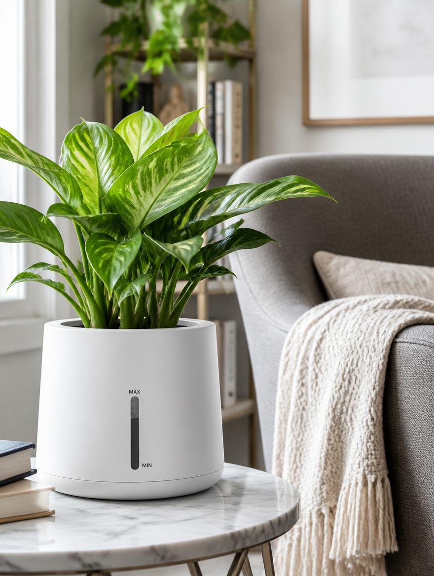 White pot with water level indicator on table