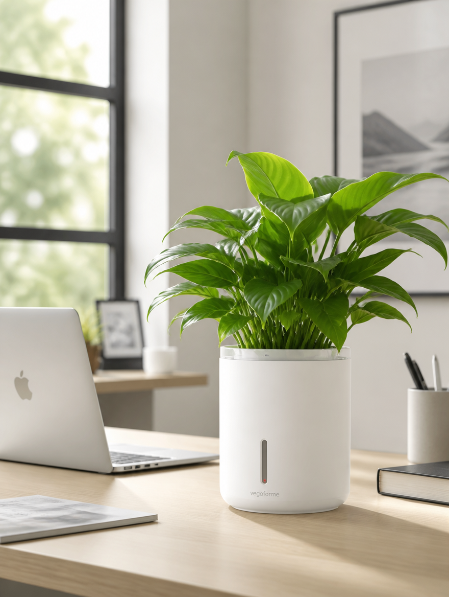 White self-watering planter on desk