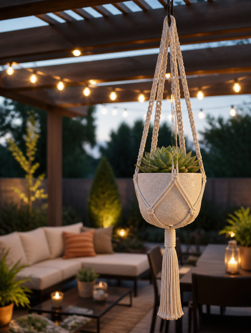 Macrame plant hanger on patio pergola