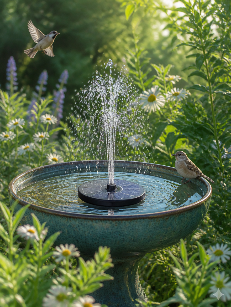 Solar fountain pump in bird bath garden