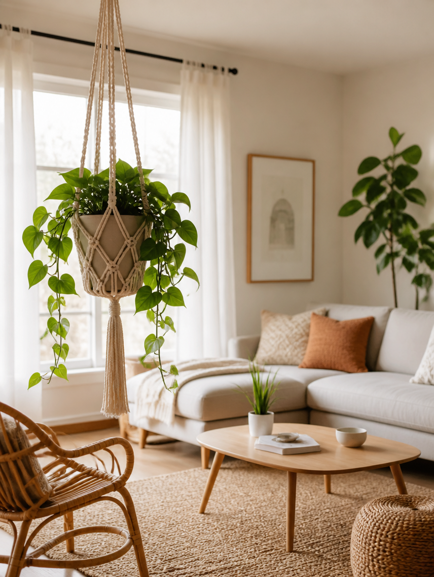 Boho macrame plant hanger in living room