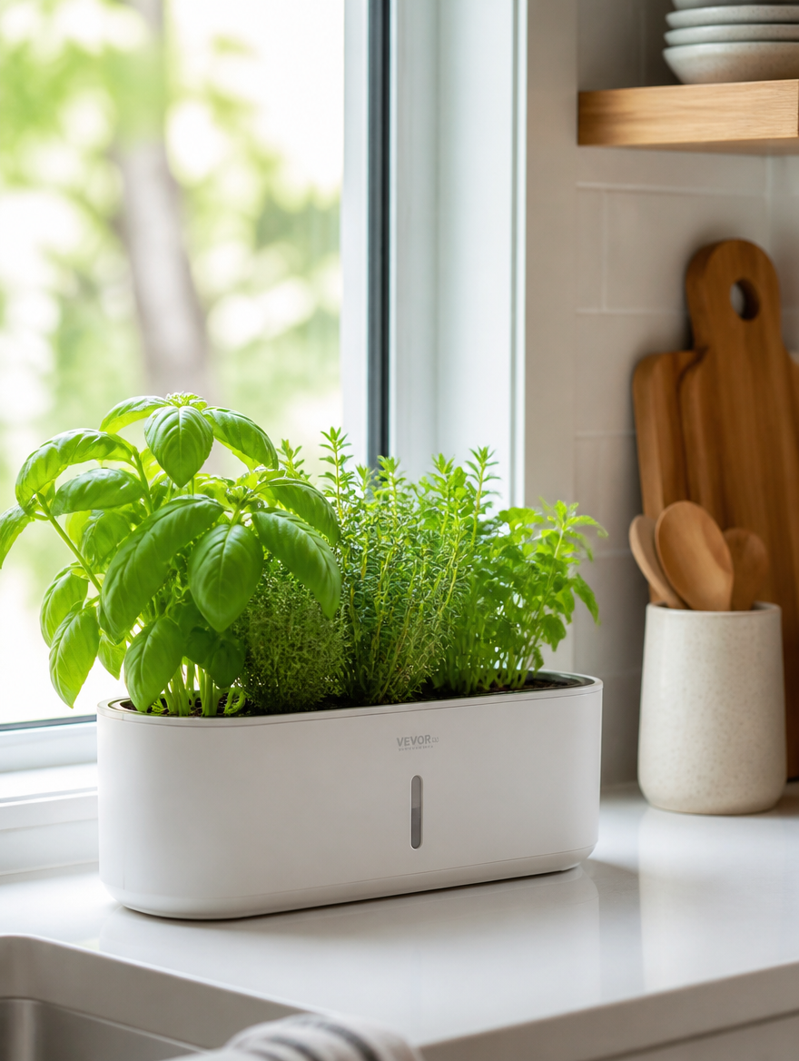 Self-watering planter on kitchen windowsill