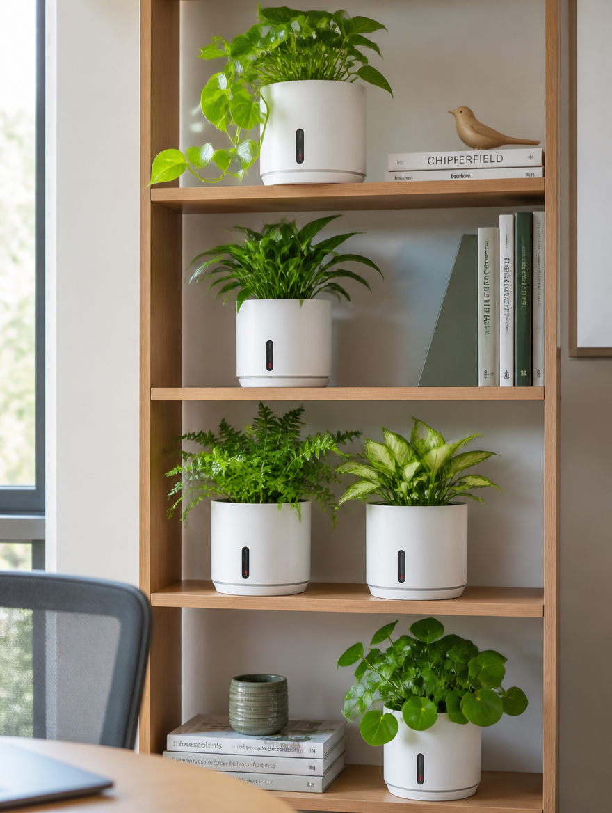 Self-watering planters on bookshelf