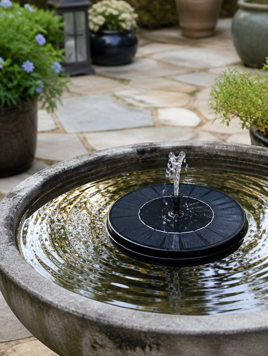 Solar fountain in stone bird bath on patio