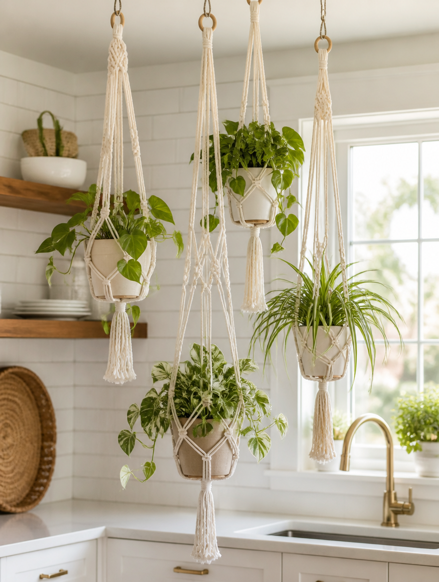 Boho macrame hangers in kitchen