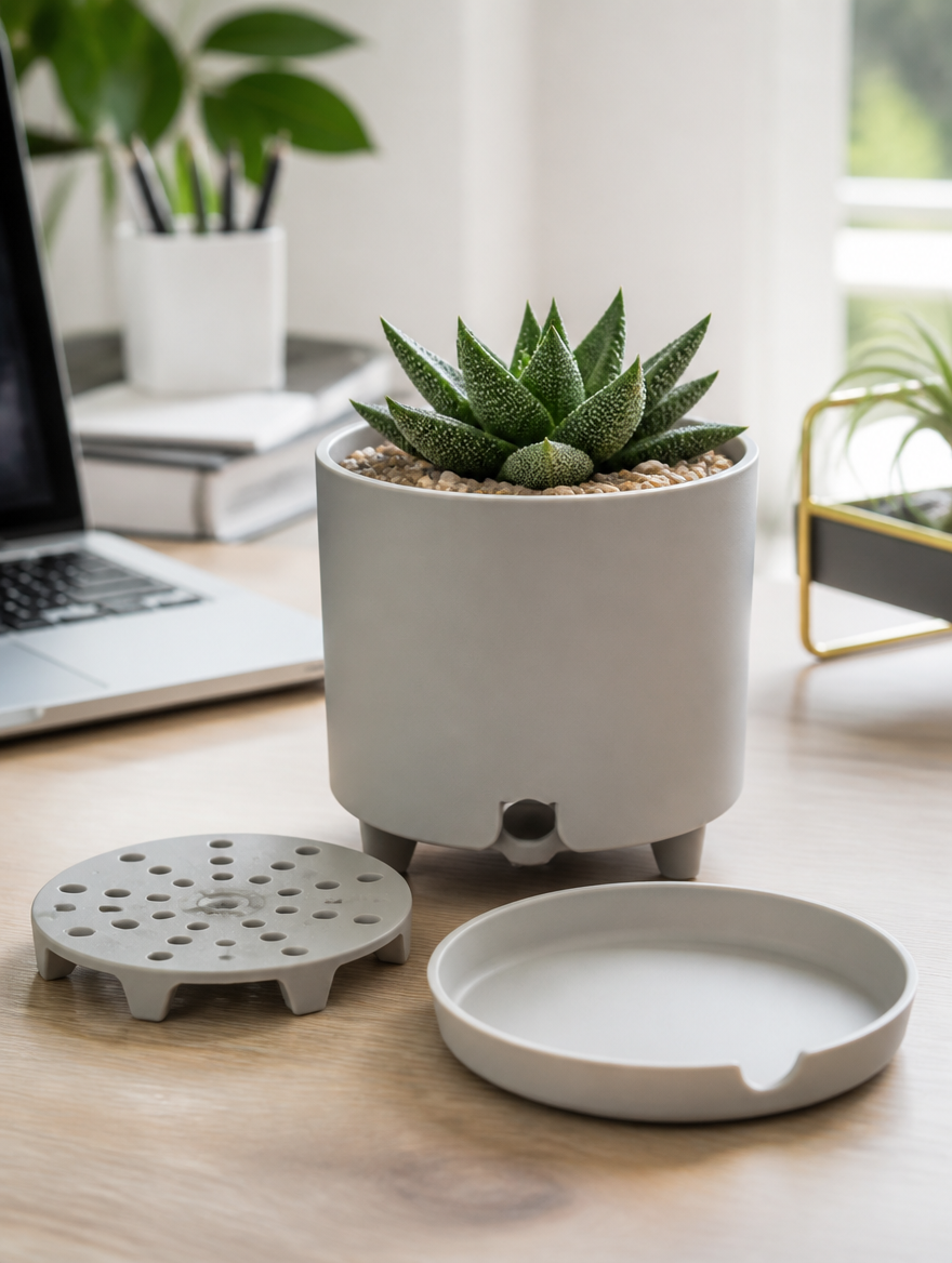 Indoor planter with removable base on desk