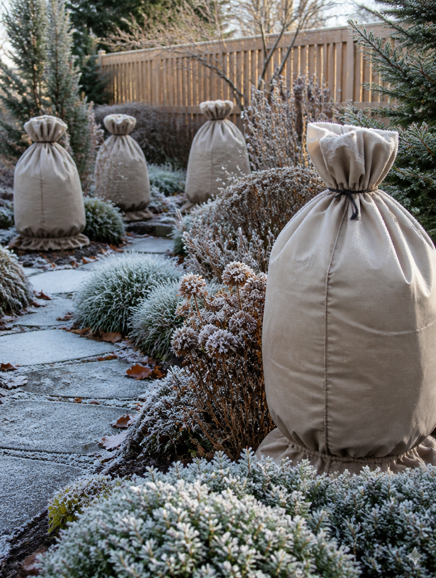 Winter plant protection bags on garden shrubs
