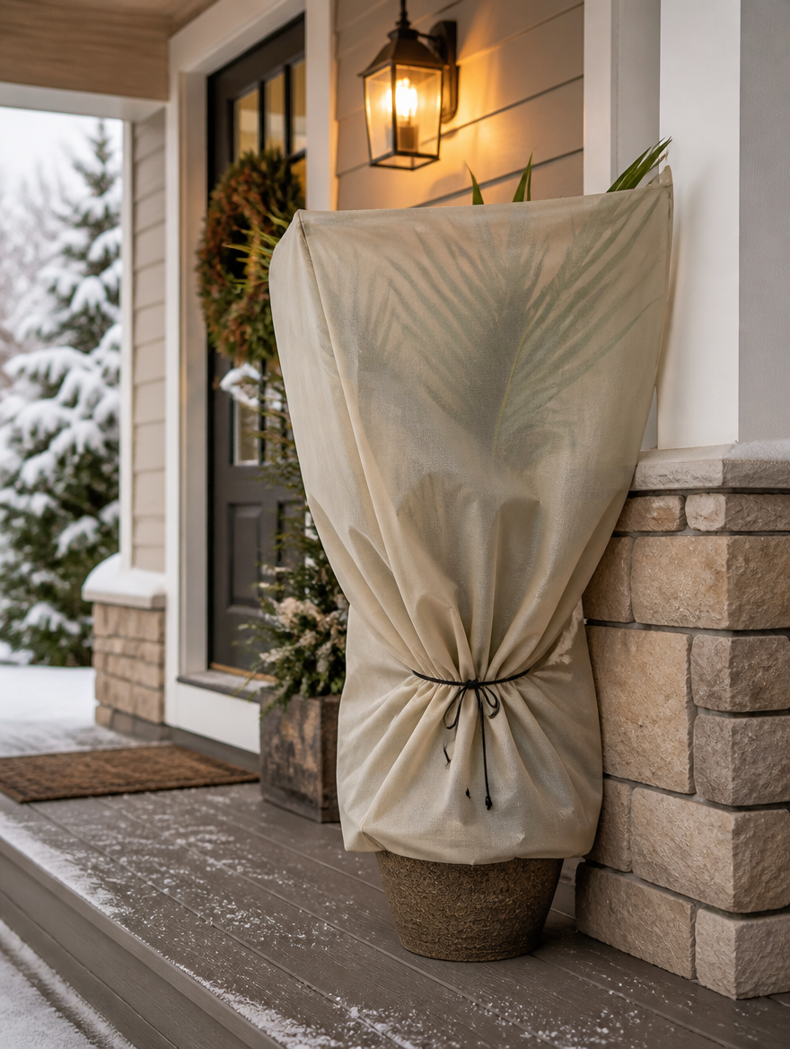 Frost protection bag on potted palm on porch