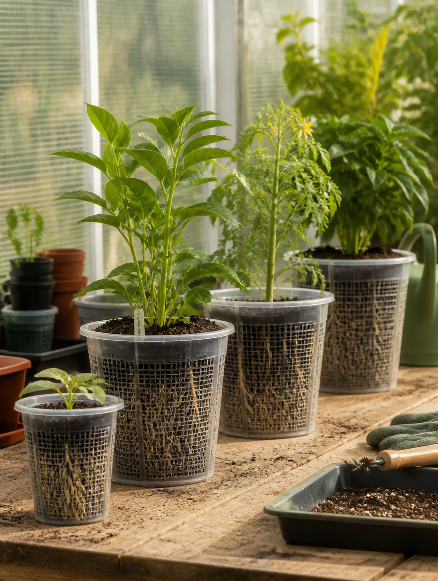 Transparent mesh pots on gardening bench