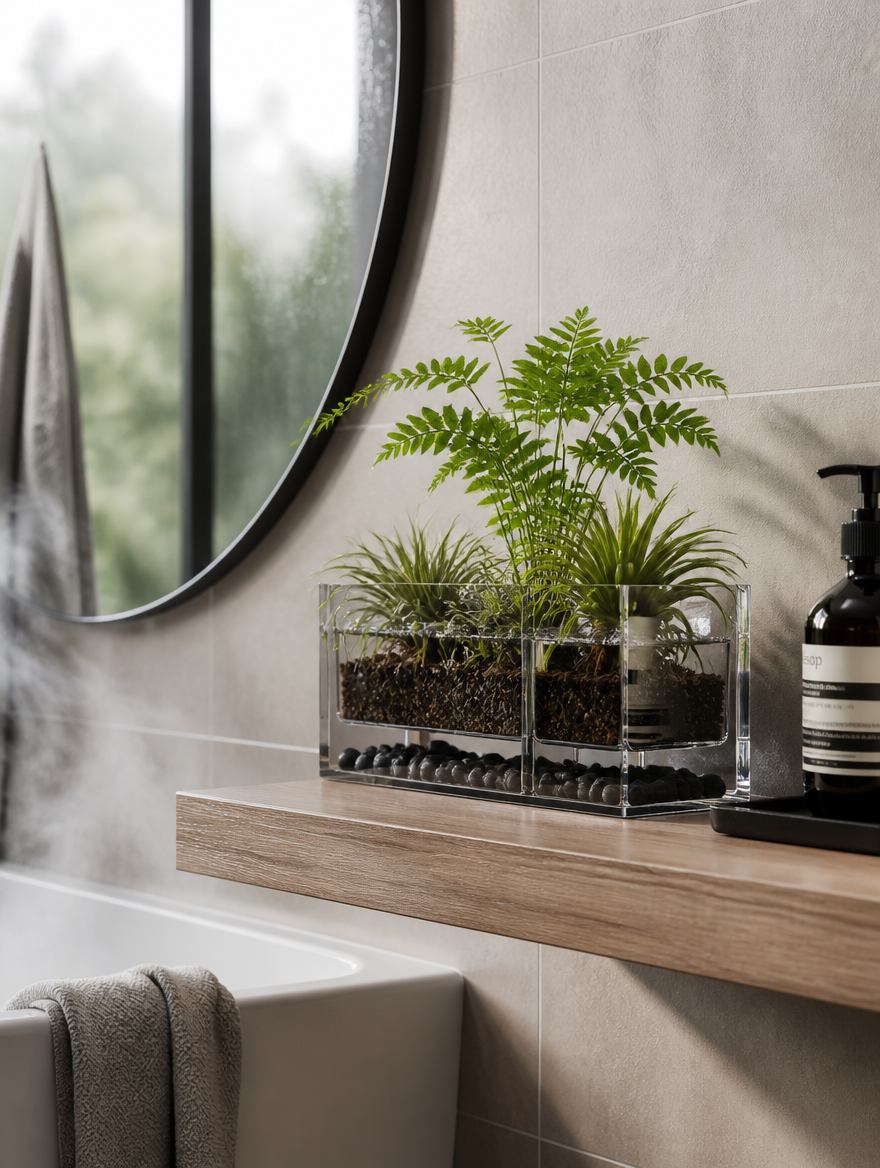 Self-watering planter set in bathroom