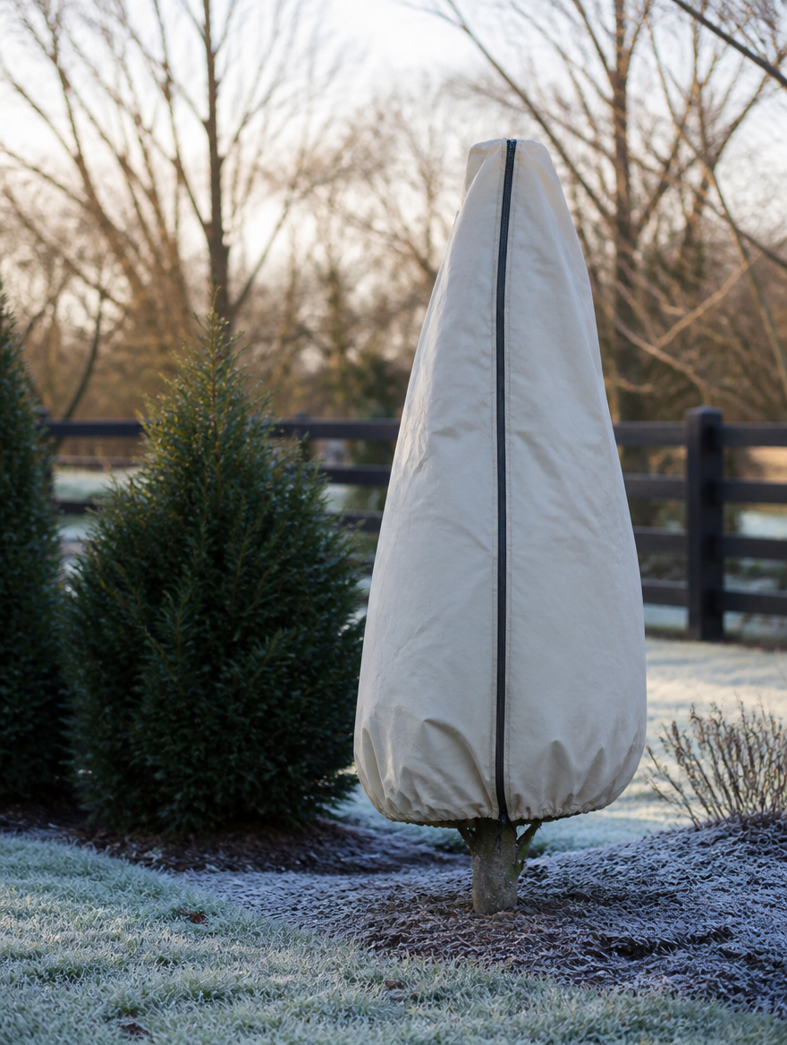 Plant frost cover on garden tree in winter