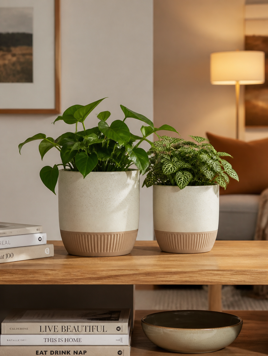 Decorative planters on living room shelf