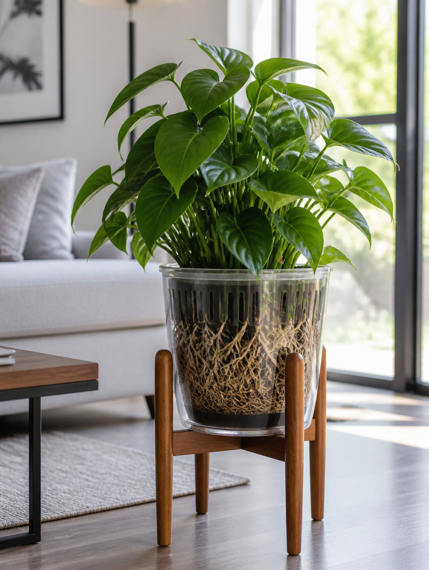 Mesh root control pot on plant stand in living room