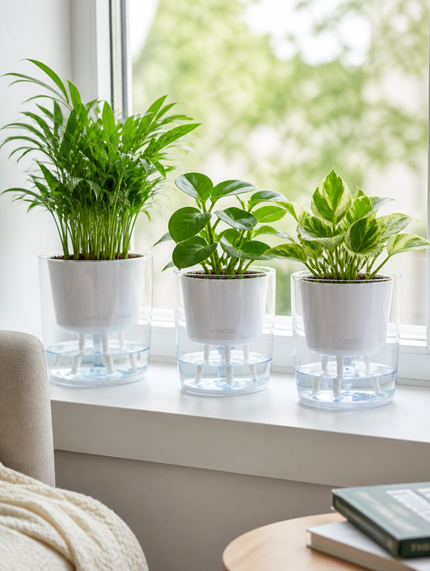 Clear self-watering plant pots on windowsill