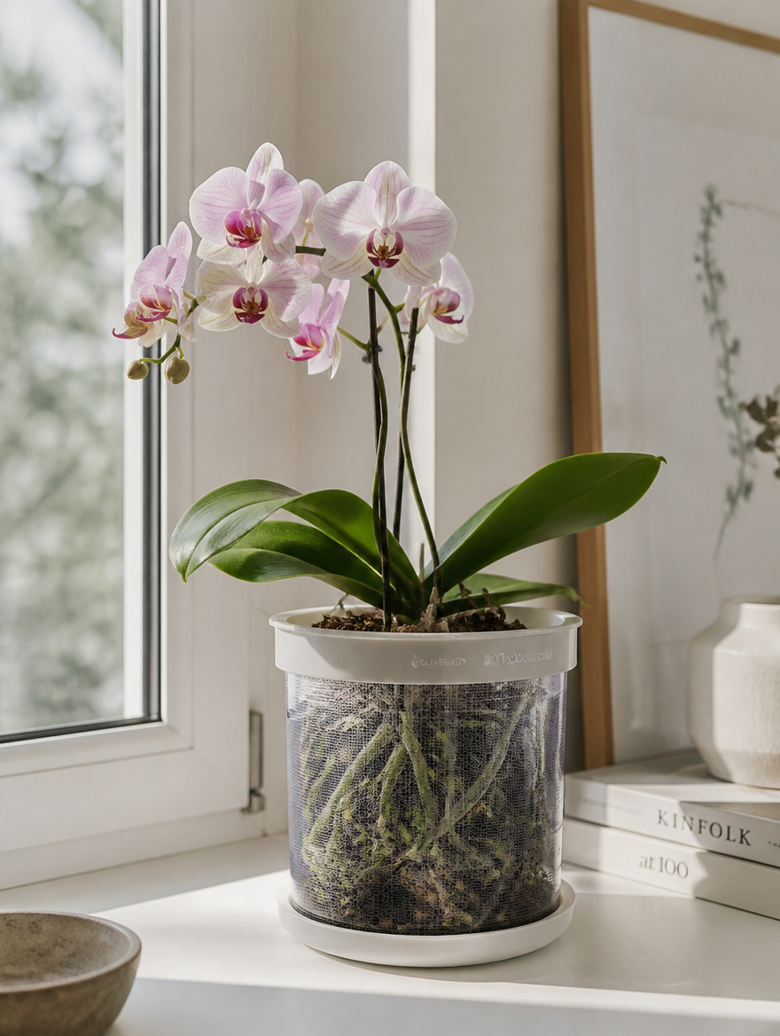 Mesh root control pot with orchid on windowsill