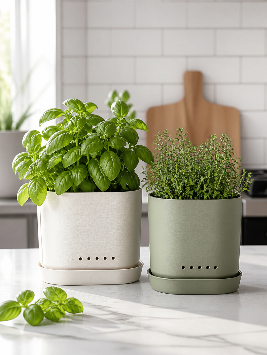 Indoor planters with drainage on kitchen counter