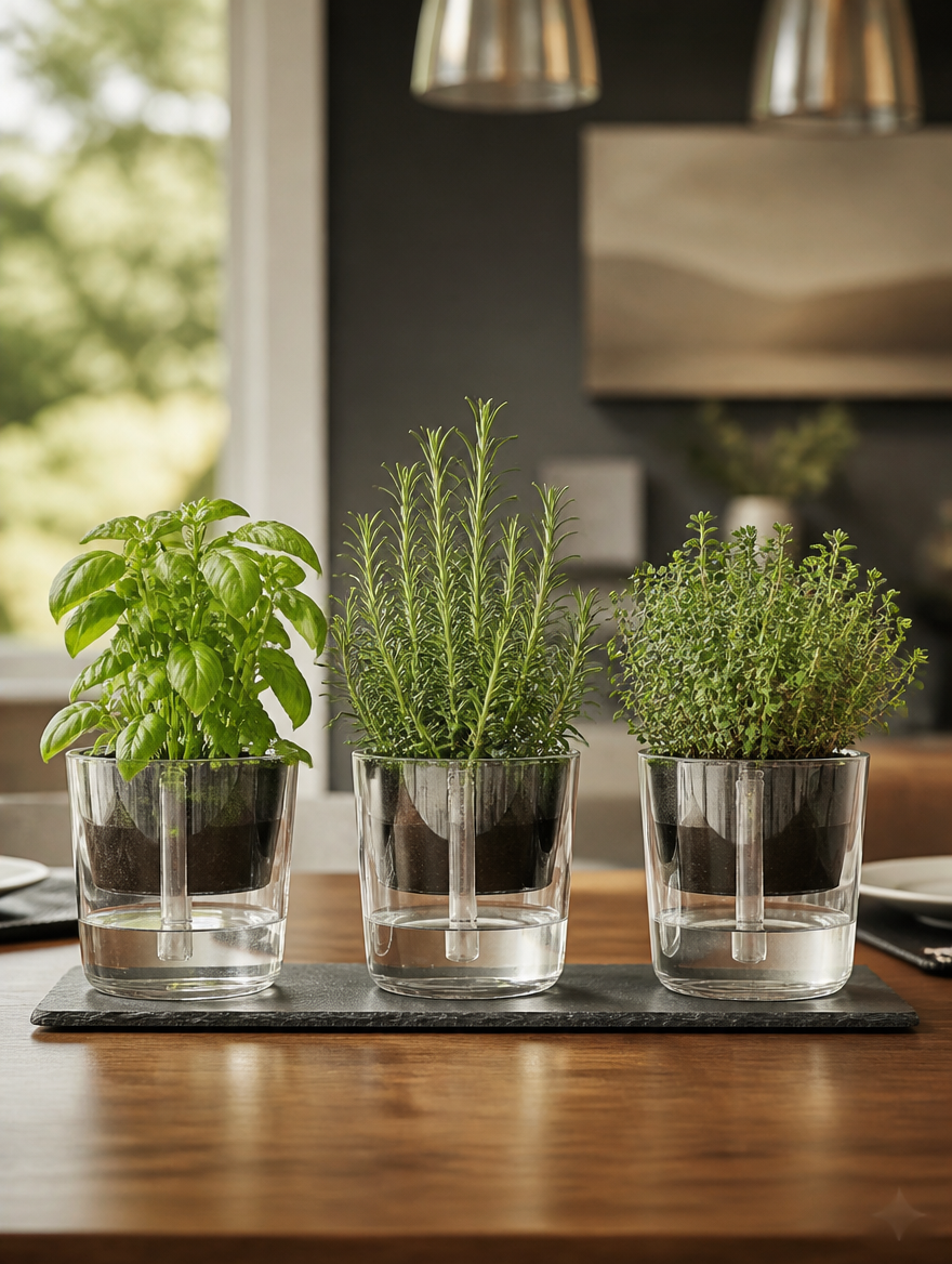 Clear double-layer pots as dining table centerpiece