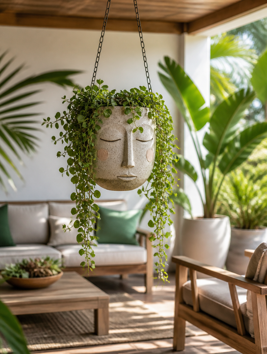 Swing face planter basket on sunlit covered patio