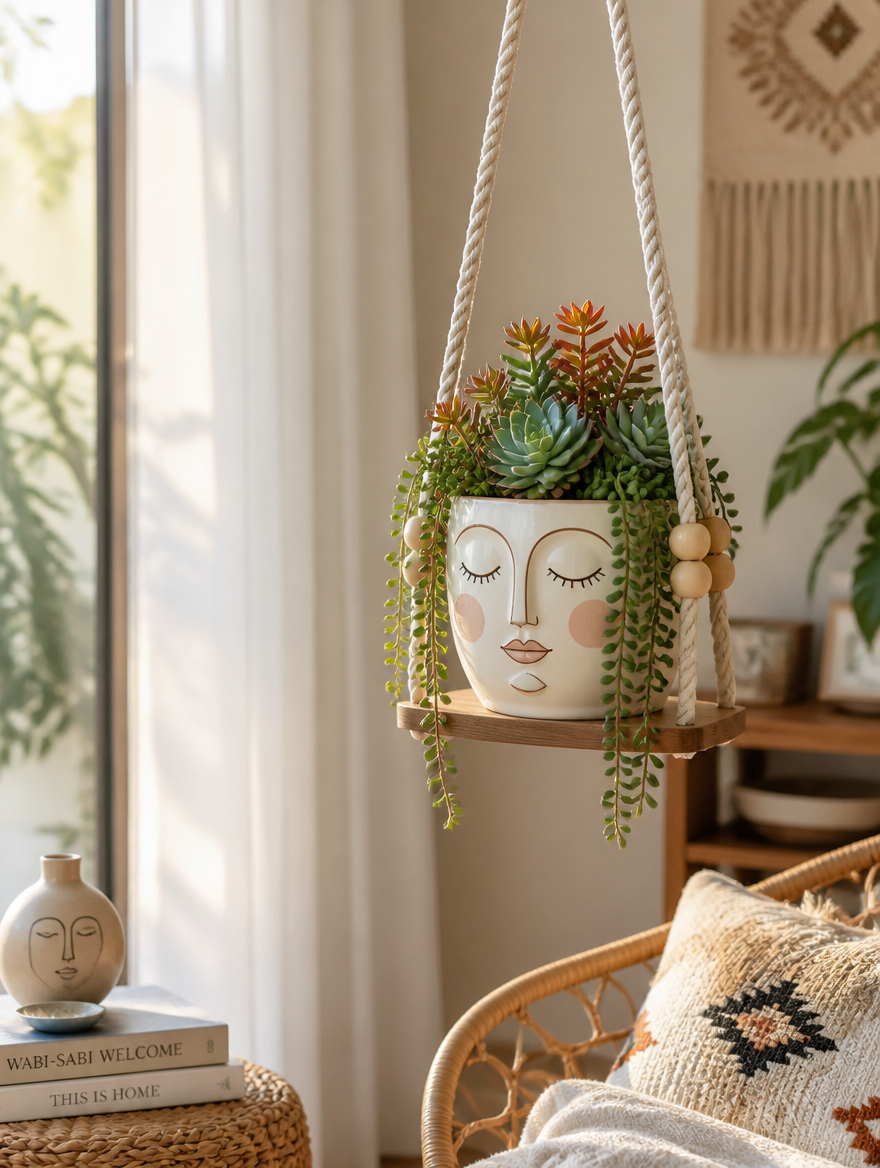 Decorative face planter in bohemian living room setting